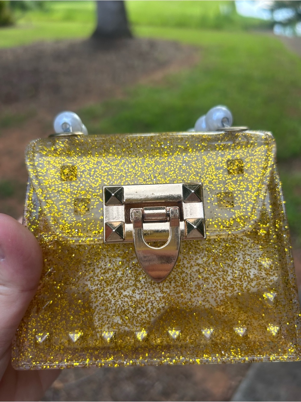 Gold Glitter Jelly Mini Top Handle Bag with Faux Pearl Handle - Picture 4 of 7